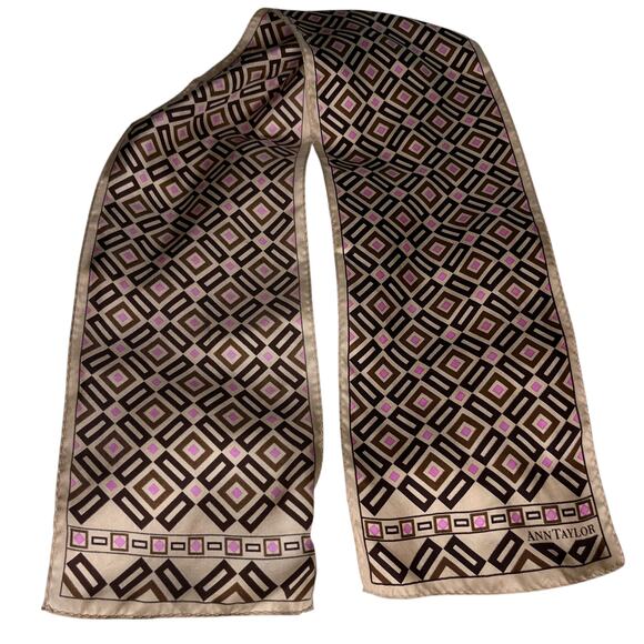 Vintage Ann Taylor Silk Scarf Geometric Brown Beige Pink New - Picture 5 of 13